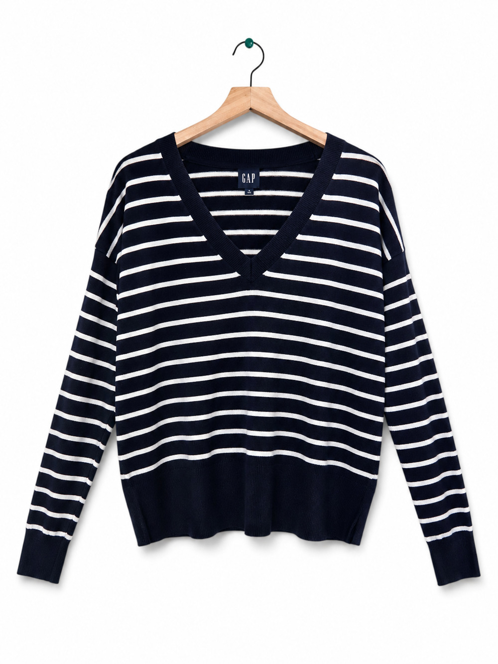 GAP Navy White Striped V Neck Sweater Women Medium Coastal Preppy Linen Blend